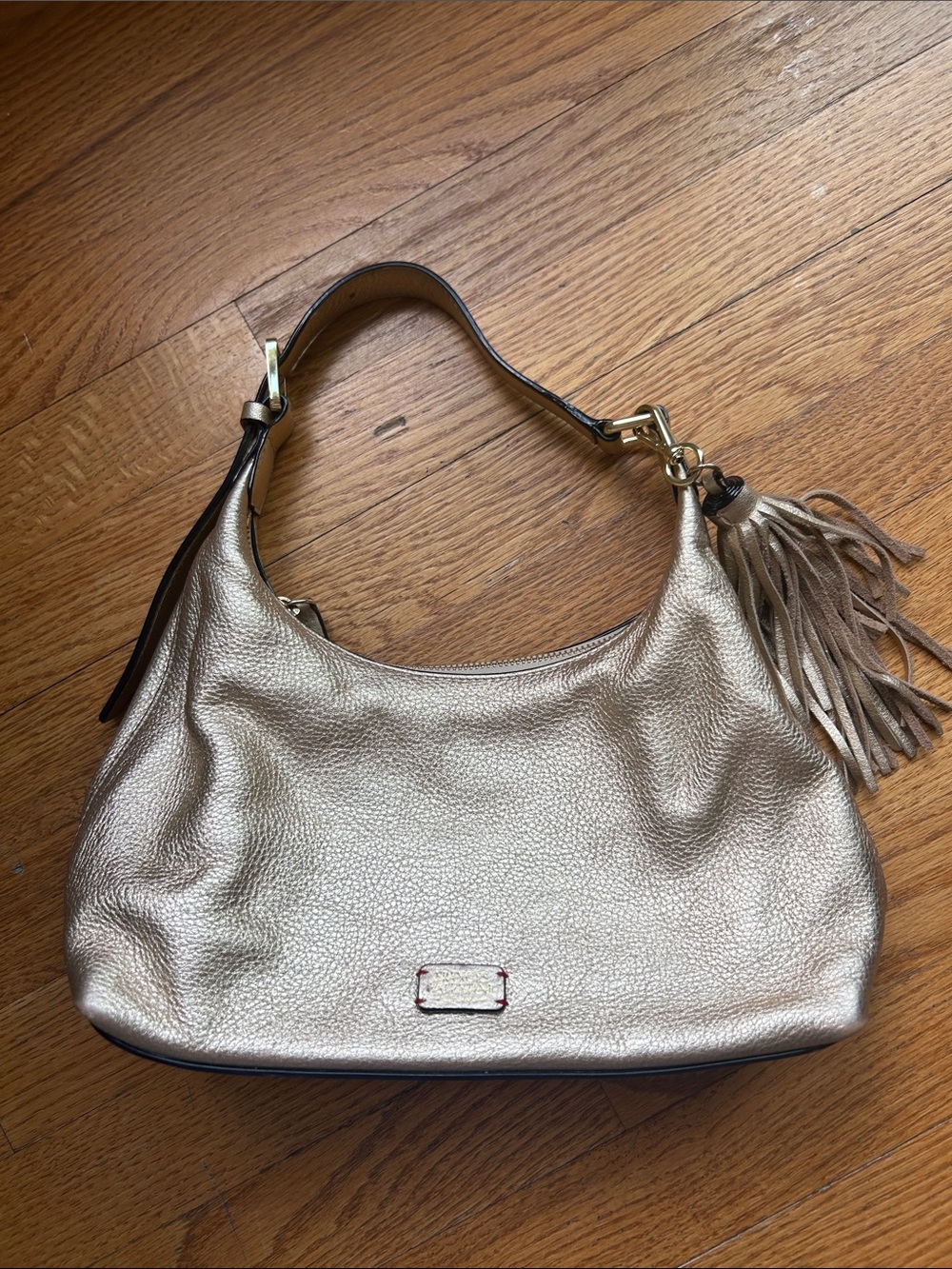 Francis Valentine Metallic Gold Shoulder Hobo Bag with Tassel Accent